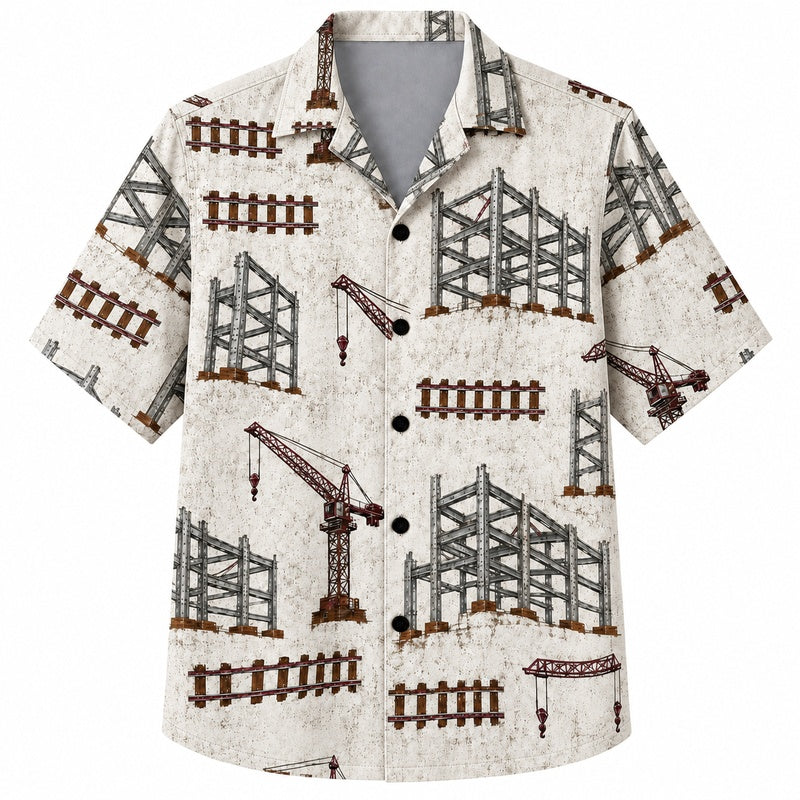 Labor Day Hawaiian Shirt - Steel Crane & Scaffold Site Print for Men