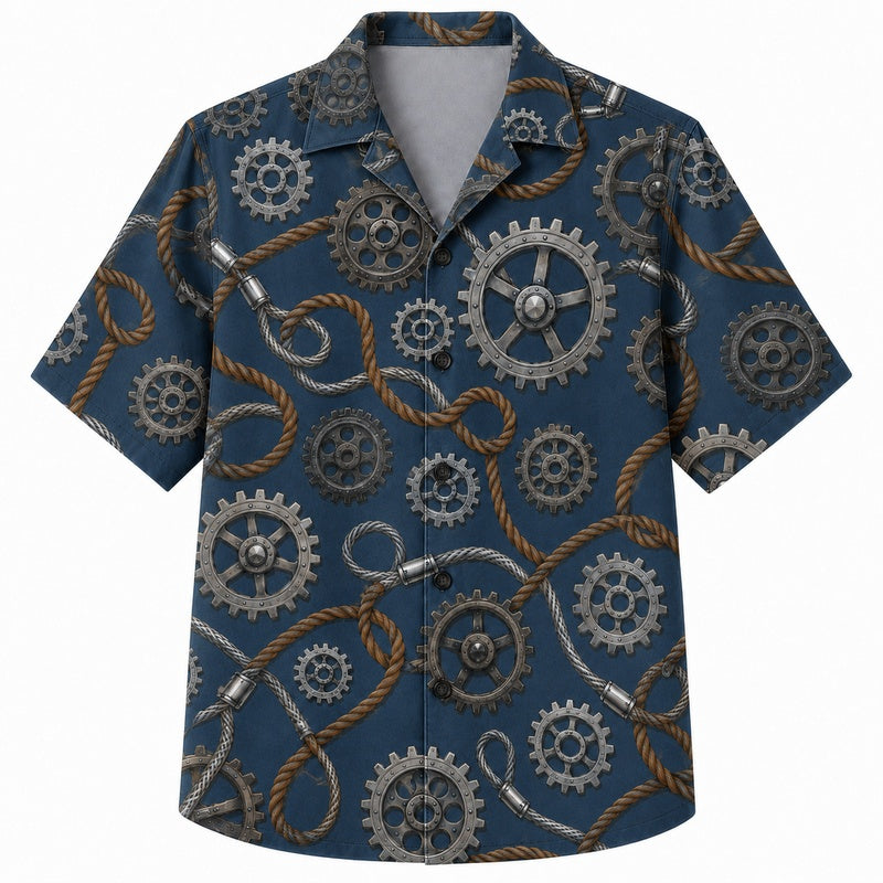 Labor Day Hawaiian Shirt - Steel Gear & Rope Machinery Print for Men