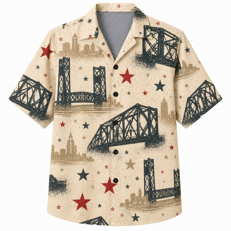 Labor Day Hawaiian Shirt- Suspension Bridge and Star Print for Summer