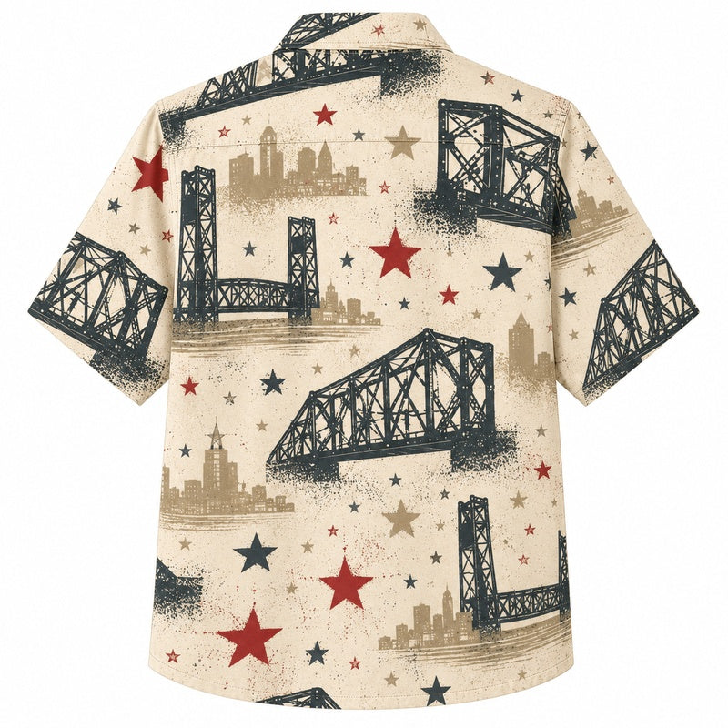 Labor Day Hawaiian Shirt- Suspension Bridge and Star Print for Summer