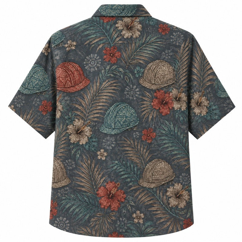 Labor Day Hawaiian Shirt- Teal Hard Hat Bloom Print for the Weekend