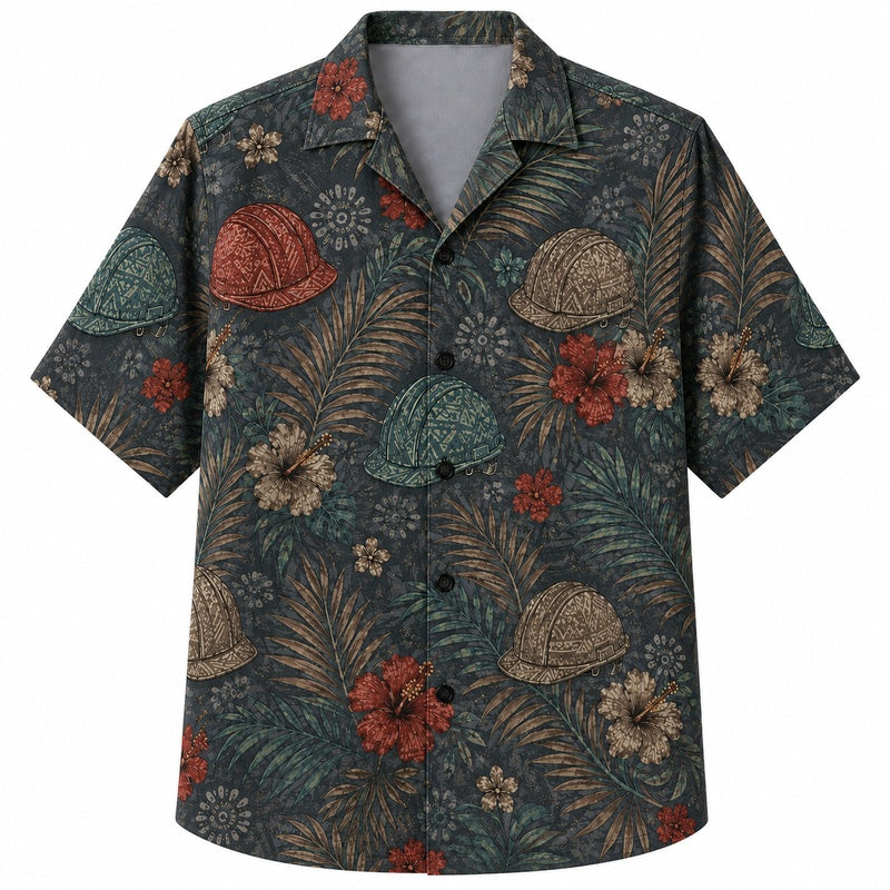 Labor Day Hawaiian Shirt- Teal Hard Hat Bloom Print for the Weekend