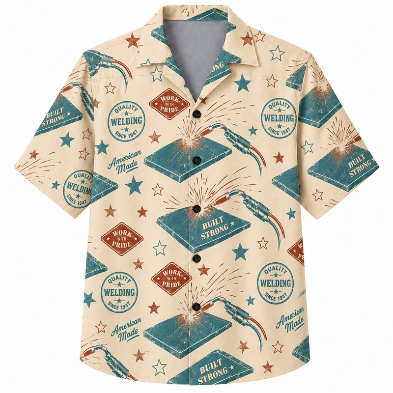 Labor Day Hawaiian Shirt- Teal Ledger and Workshop Badge for Summer
