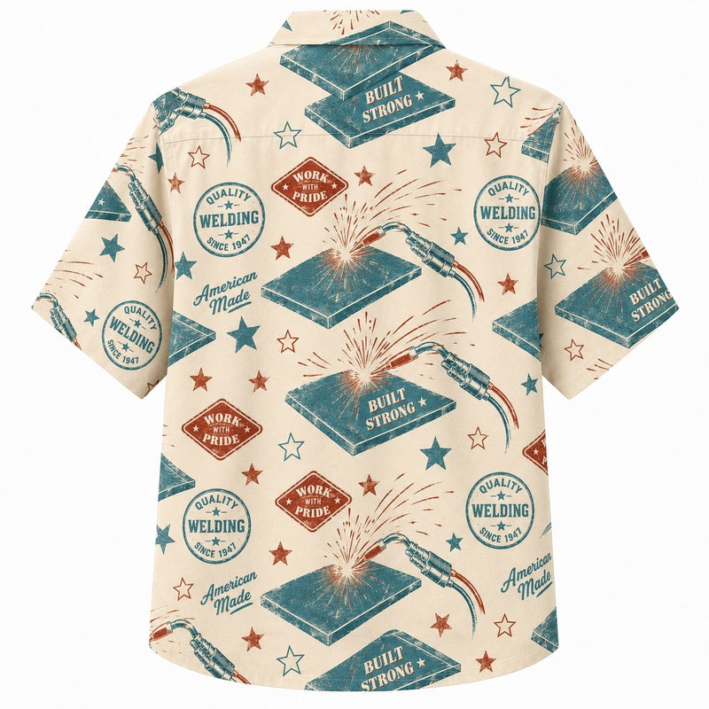 Labor Day Hawaiian Shirt- Teal Ledger and Workshop Badge for Summer
