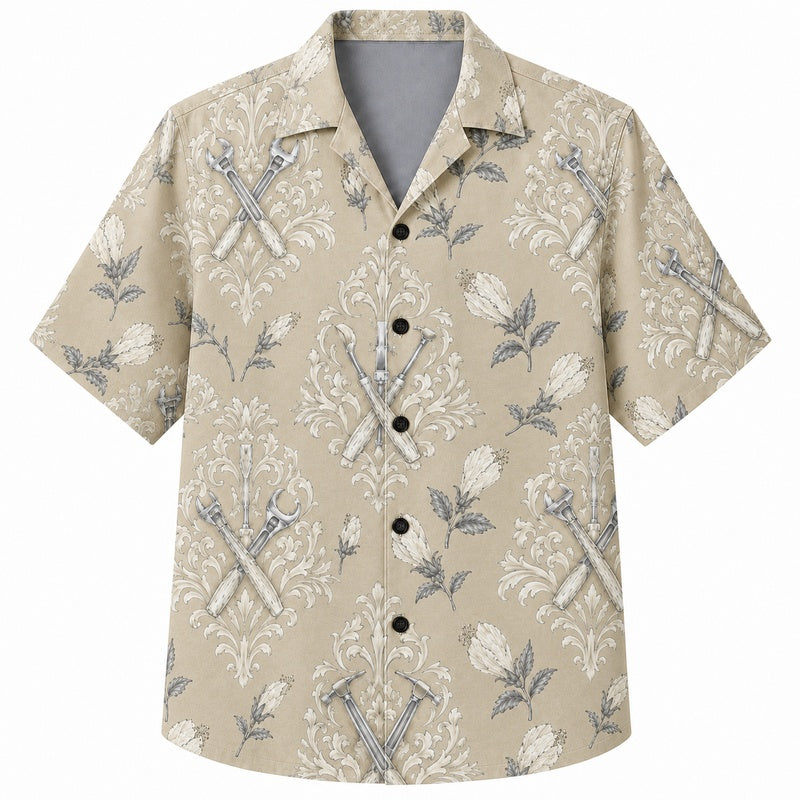 Labor Day Hawaiian Shirt - Tonal Damask & Crossed Tool Print for Men
