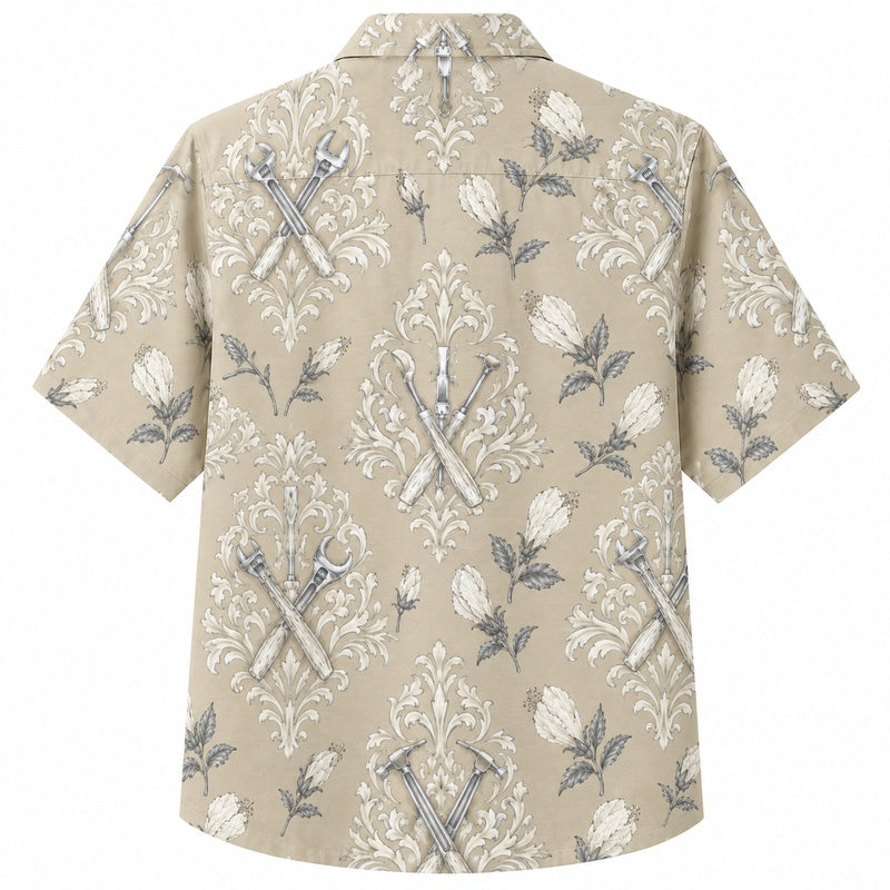 Labor Day Hawaiian Shirt - Tonal Damask & Crossed Tool Print for Men
