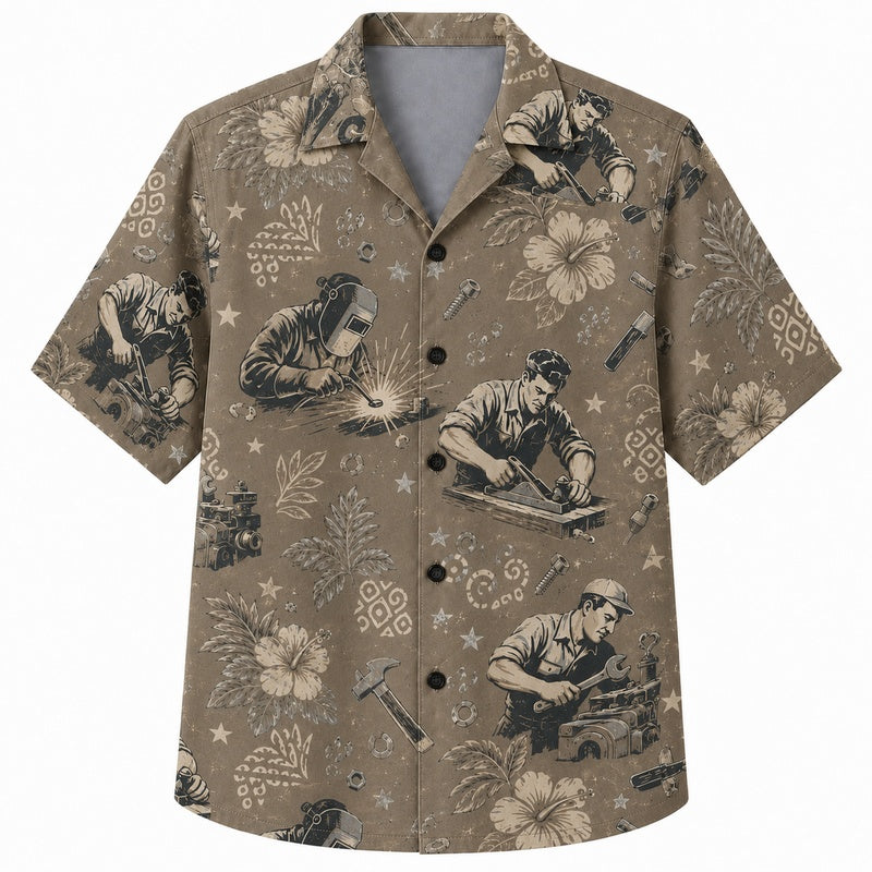 Labor Day Hawaiian Shirt - Tonal Welder & Hibiscus Print for Men