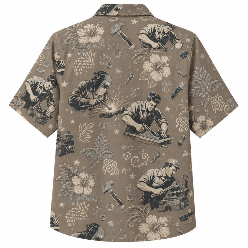 Labor Day Hawaiian Shirt - Tonal Welder & Hibiscus Print for Men