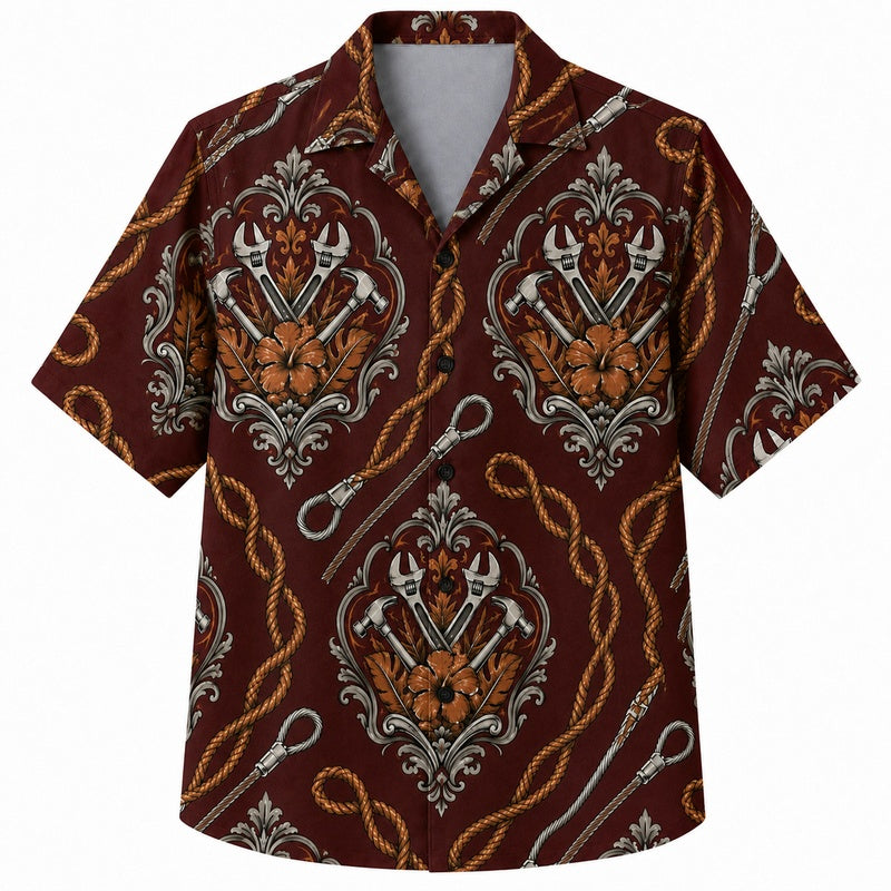 Labor Day Hawaiian Shirt - Tool Crest & Hibiscus Rope Print for Men