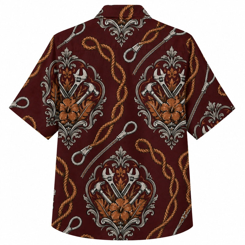 Labor Day Hawaiian Shirt - Tool Crest & Hibiscus Rope Print for Men