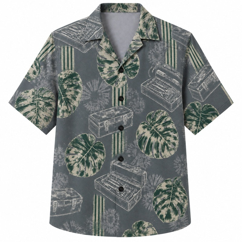 Labor Day Hawaiian Shirt - Toolbox & Monstera Stripe Print for Men