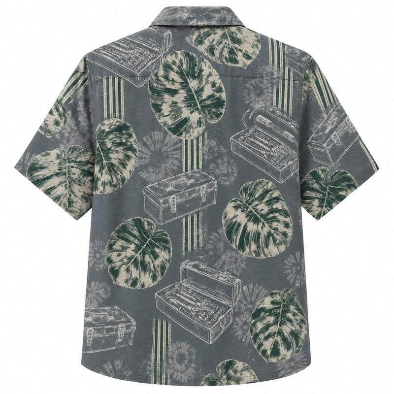Labor Day Hawaiian Shirt - Toolbox & Monstera Stripe Print for Men