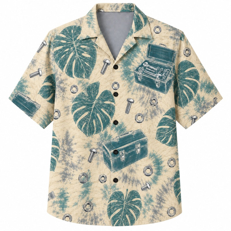 Labor Day Hawaiian Shirt - Toolbox & Teal Monstera Print for Men