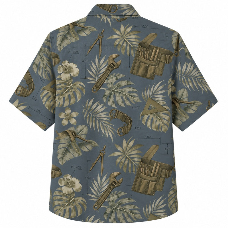 Labor Day Hawaiian Shirt- Toolkit Bucket and Hibiscus Print for the Cookout