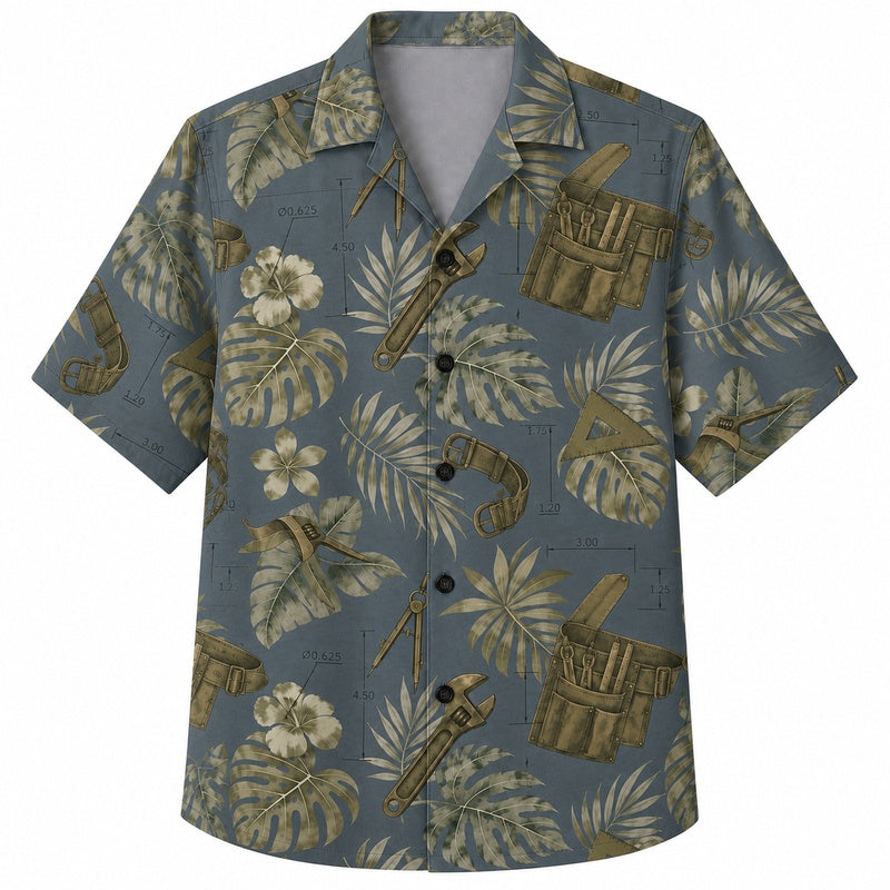 Labor Day Hawaiian Shirt- Toolkit Bucket and Hibiscus Print for the Cookout