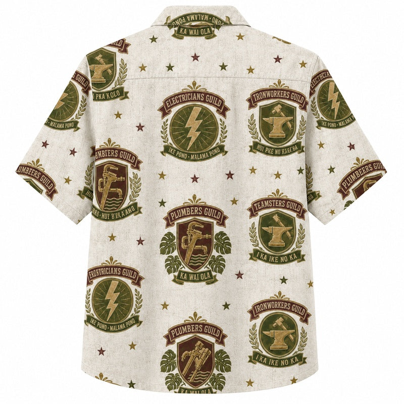 Labor Day Hawaiian Shirt- Trade Guild Crest Badge Print for the Holiday