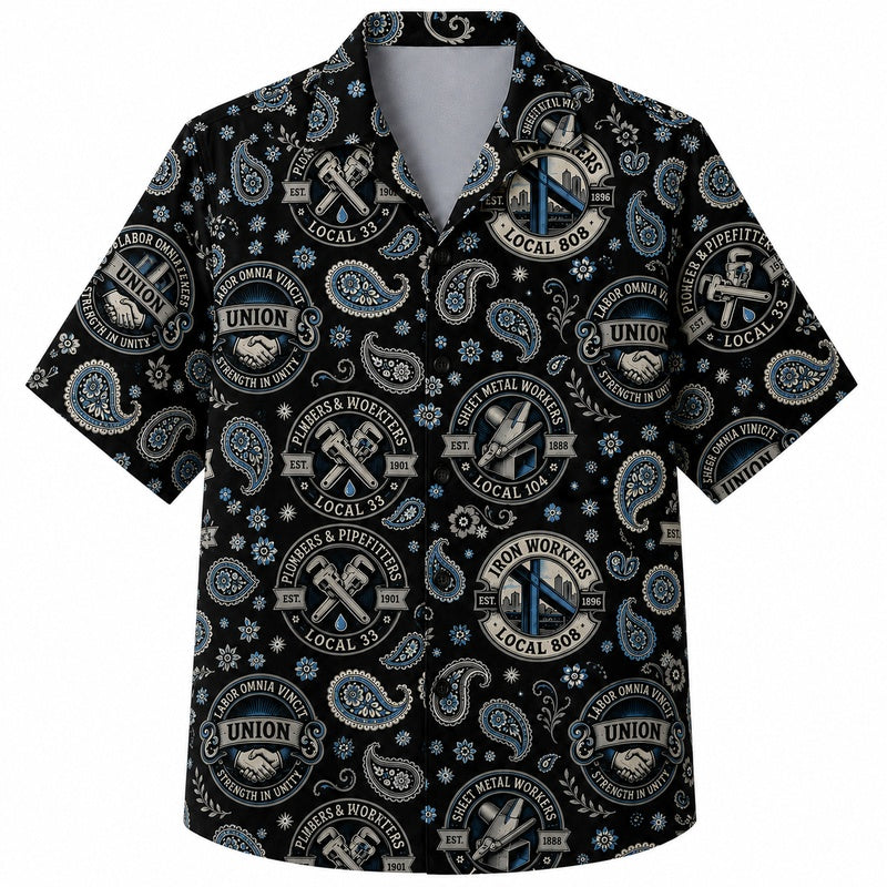 Labor Day Hawaiian Shirt - Union Badge & Paisley Stamp Print for Men