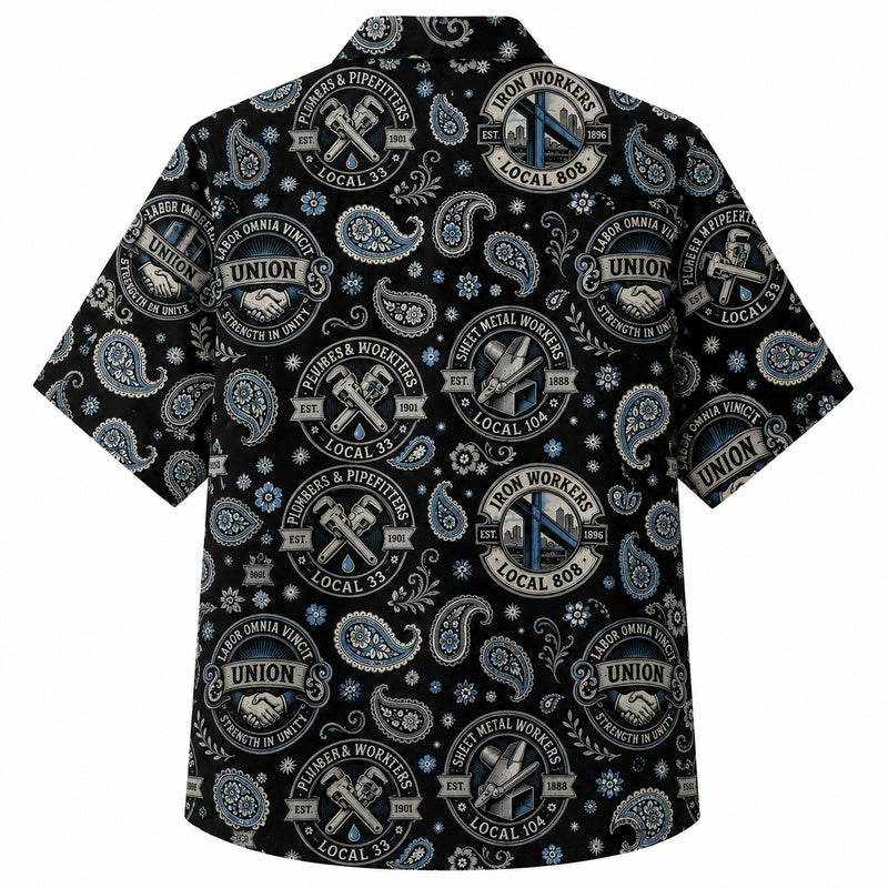 Labor Day Hawaiian Shirt - Union Badge & Paisley Stamp Print for Men