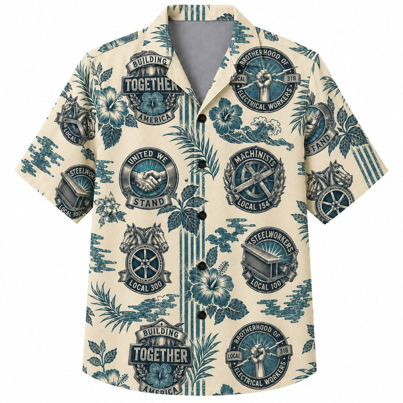 Labor Day Hawaiian Shirt - Union Crest & Hibiscus Print for Men