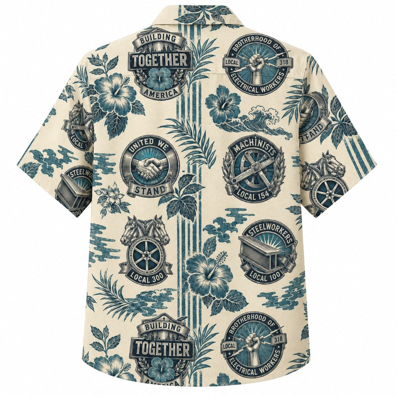 Labor Day Hawaiian Shirt - Union Crest & Hibiscus Print for Men