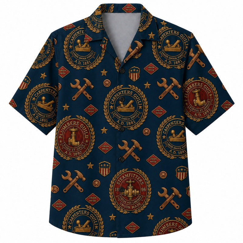Labor Day Hawaiian Shirt- Union Medallion and Hammer Print for Summer