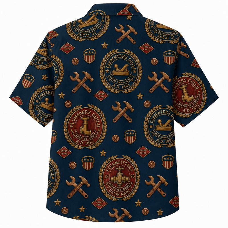 Labor Day Hawaiian Shirt- Union Medallion and Hammer Print for Summer