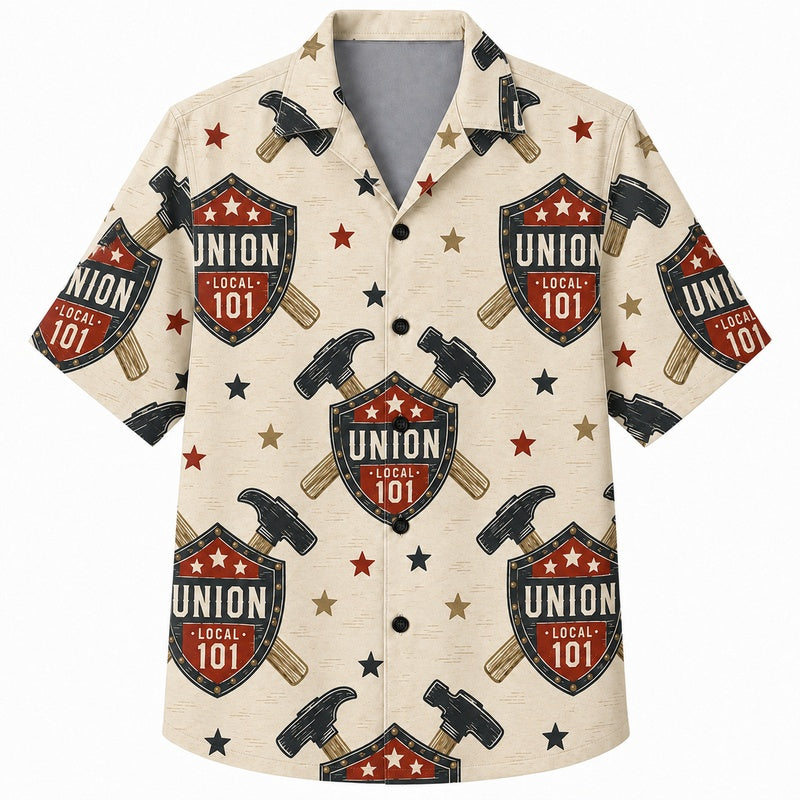 Labor Day Hawaiian Shirt- Union Shield and Crossed Hammer for Summer