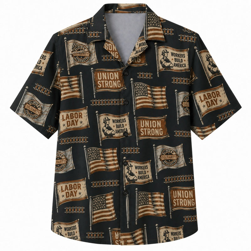 Labor Day Hawaiian Shirt - Union Strong Patchwork Print for Men