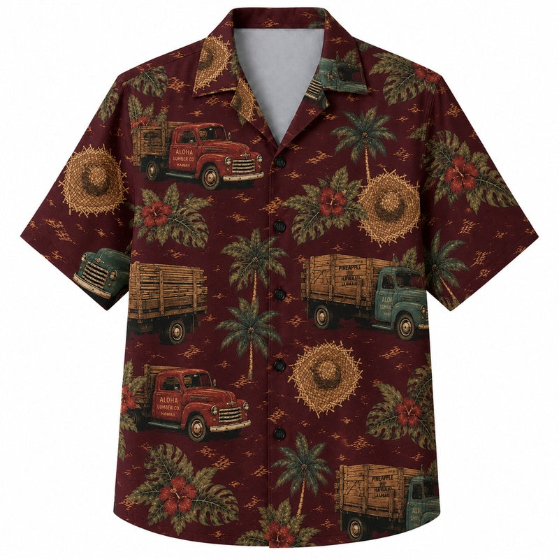 Labor Day Hawaiian Shirt- Vintage Fire Truck and Palm Print for Summer