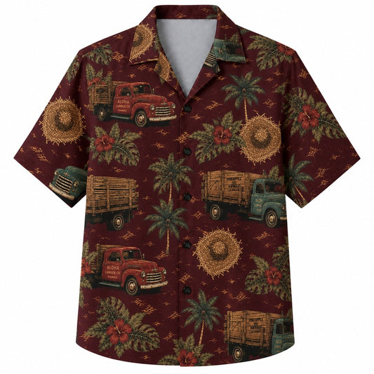 Labor Day Hawaiian Shirt- Vintage Fire Truck and Palm Print for Summer