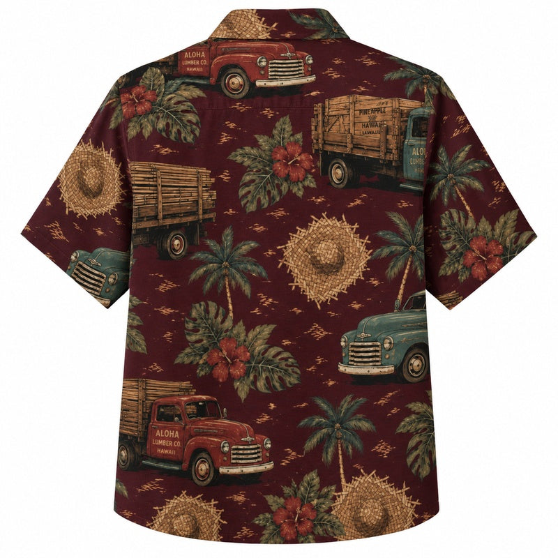 Labor Day Hawaiian Shirt- Vintage Fire Truck and Palm Print for Summer