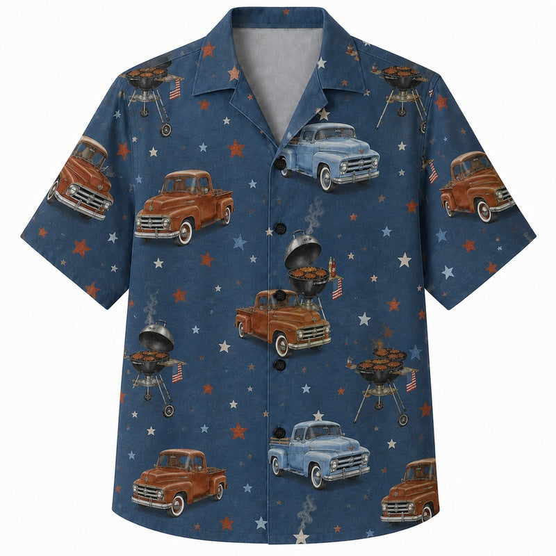 Labor Day Hawaiian Shirt - Vintage Pickup & Star Field Print for Men