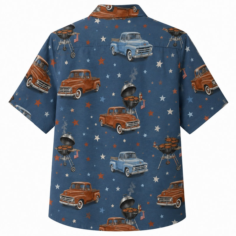 Labor Day Hawaiian Shirt - Vintage Pickup & Star Field Print for Men