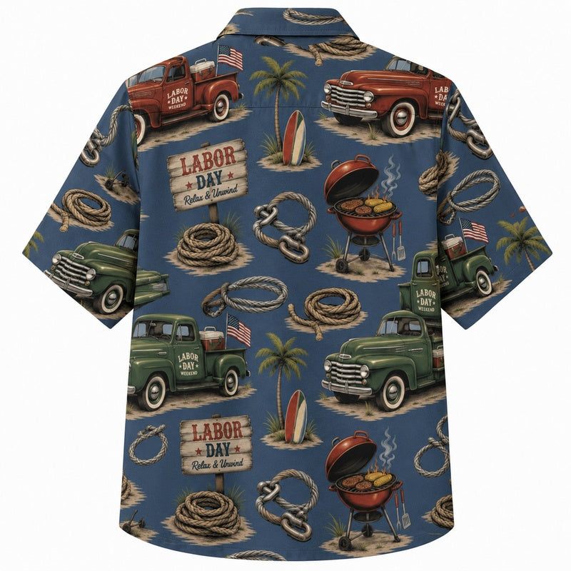 Labor Day Hawaiian Shirt- Vintage Truck and Grill Print for Summer
