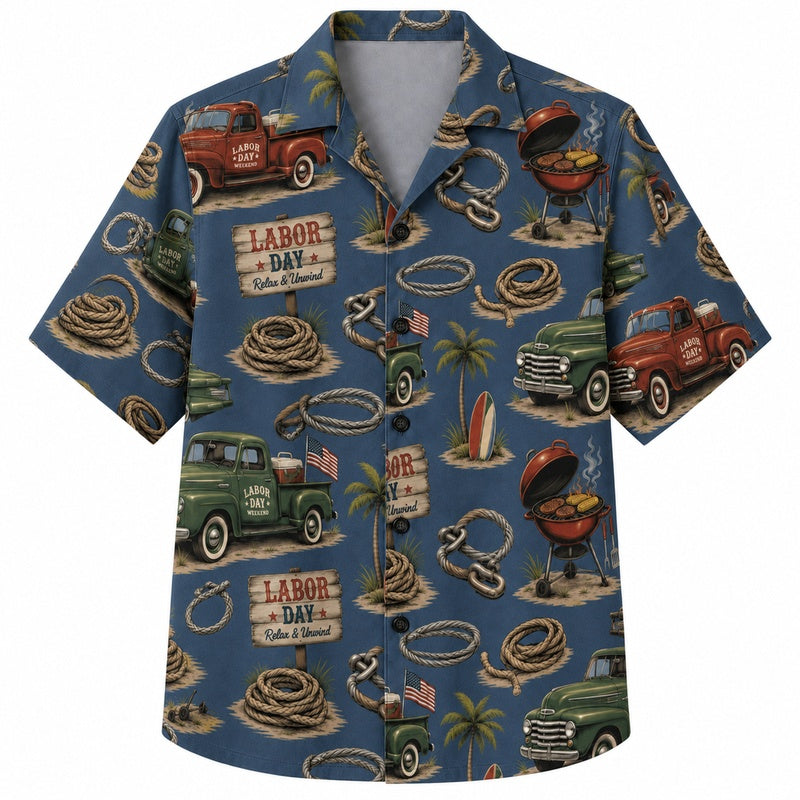 Labor Day Hawaiian Shirt- Vintage Truck and Grill Print for Summer