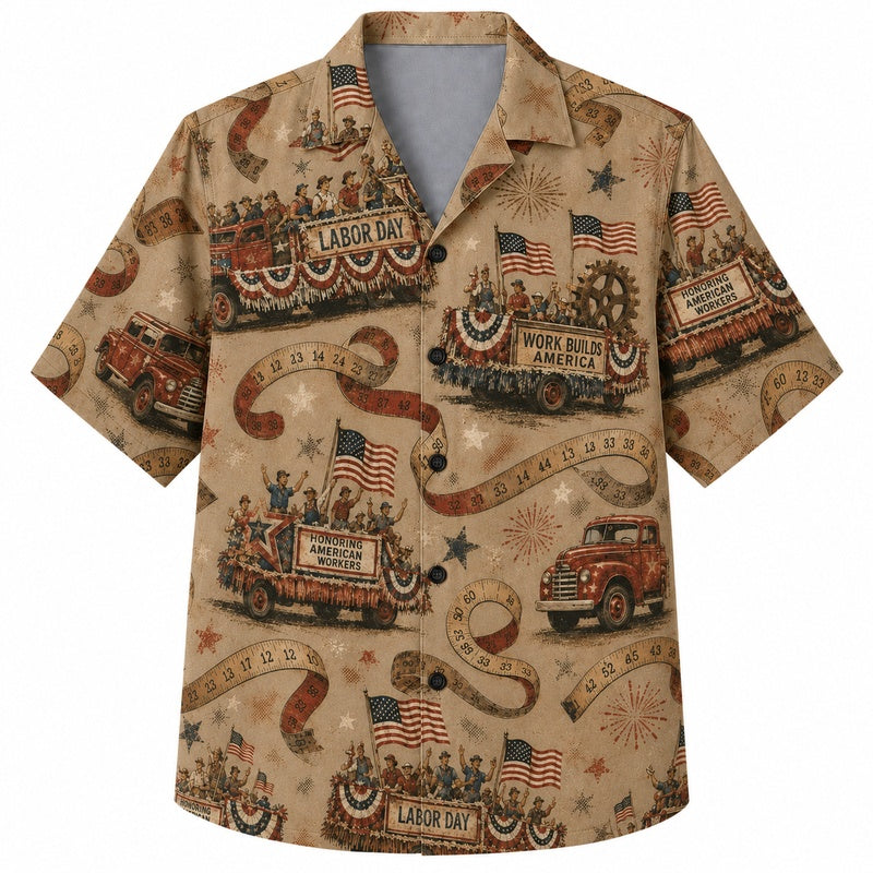 Labor Day Hawaiian Shirt- Vintage Trucks and Americana Trail