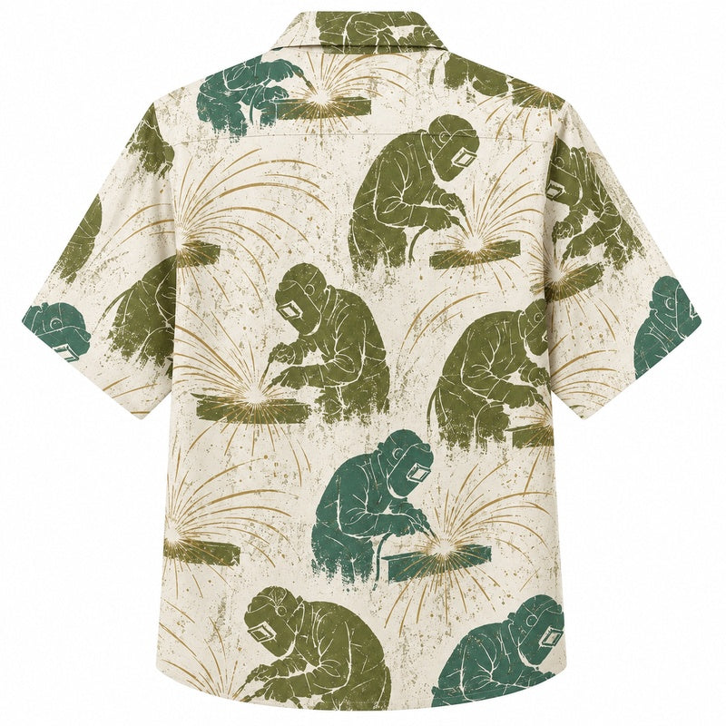 Labor Day Hawaiian Shirt- Welder and Spark Scene Print for Workers