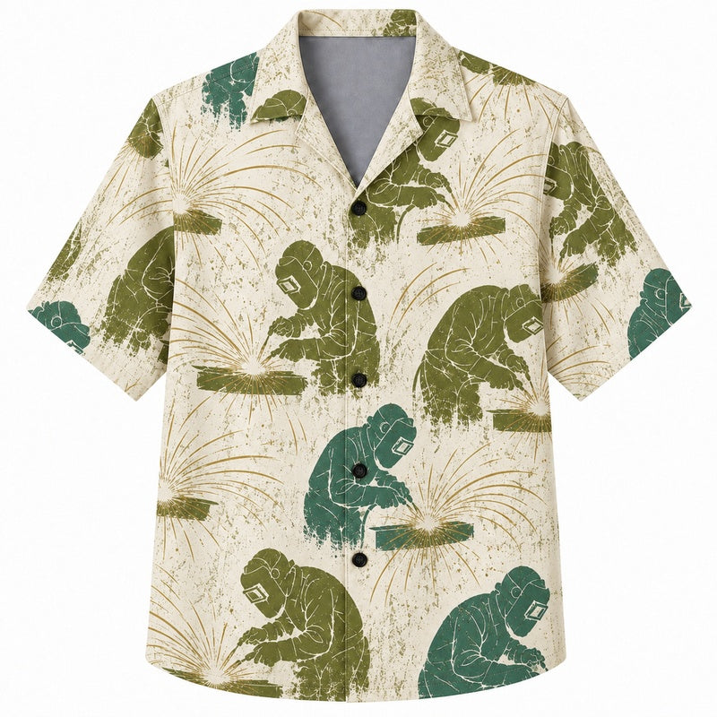 Labor Day Hawaiian Shirt- Welder and Spark Scene Print for Workers