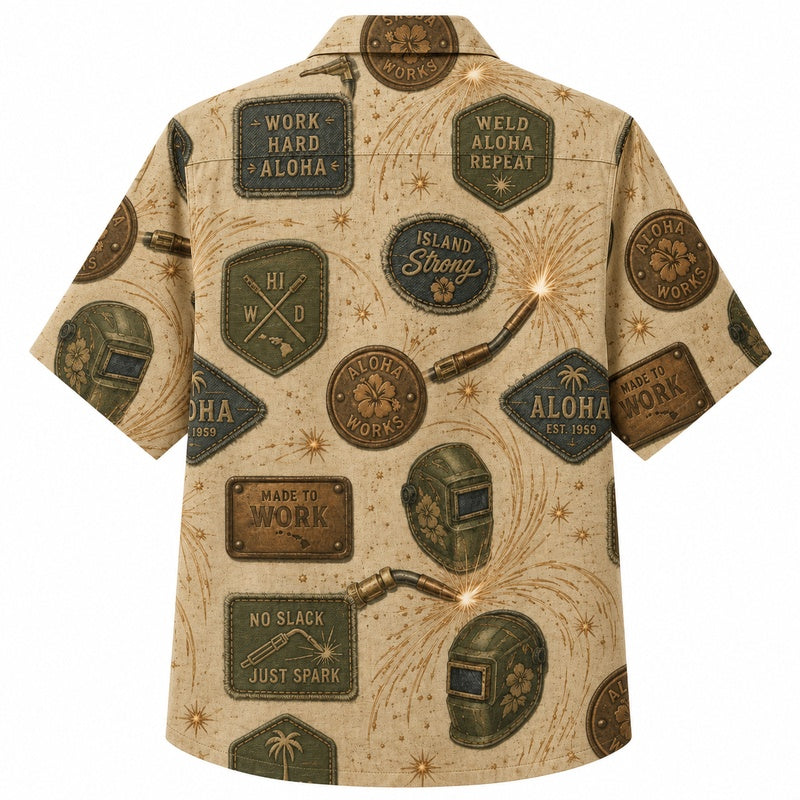 Labor Day Hawaiian Shirt- Welder Badge Patch Print for Warm Days