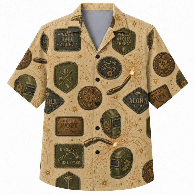Labor Day Hawaiian Shirt- Welder Badge Patch Print for Warm Days