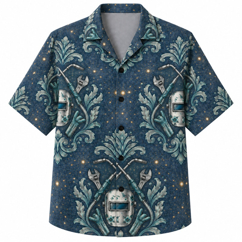 Labor Day Hawaiian Shirt - Welder Helmet Damask Scroll Print for Men