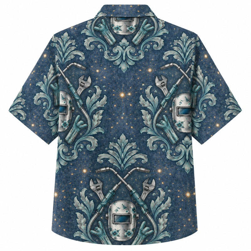 Labor Day Hawaiian Shirt - Welder Helmet Damask Scroll Print for Men