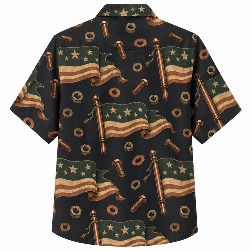 Labor Day Hawaiian Shirt with American Flag Wrench Print for Men and Women