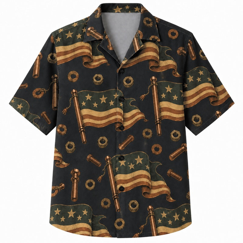 Labor Day Hawaiian Shirt with American Flag Wrench Print for Men and Women