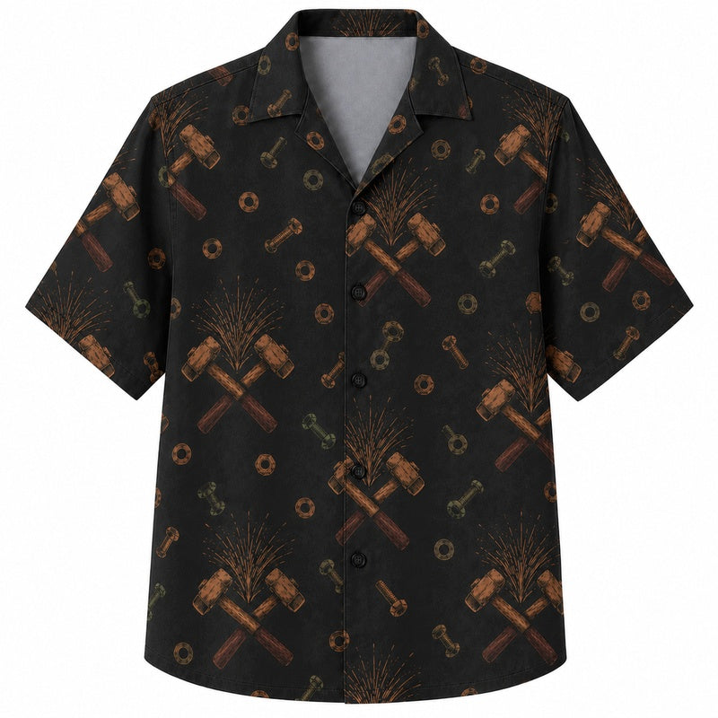 Labor Day Hawaiian Shirt with Crossed Hammer Spark Print for Men and Women