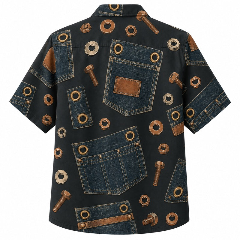 Labor Day Hawaiian Shirt with Denim Pocket Bolt Print for Men and Women