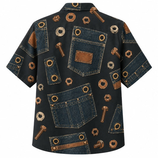 Labor Day Hawaiian Shirt with Denim Pocket Bolt Print for Men and Women