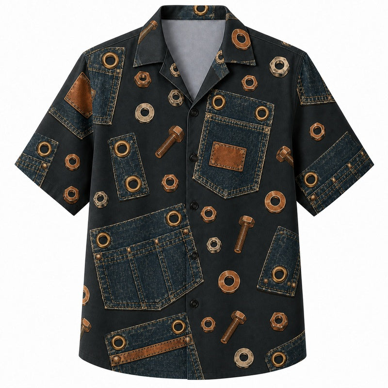 Labor Day Hawaiian Shirt with Denim Pocket Bolt Print for Men and Women