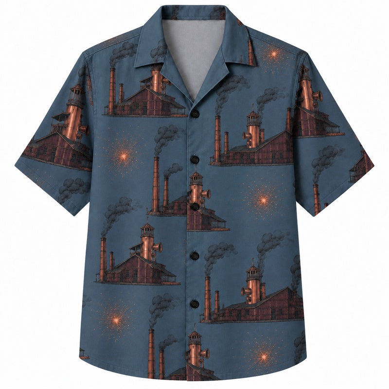Labor Day Hawaiian Shirt with Factory Chimney Smoke Print for Men and Women