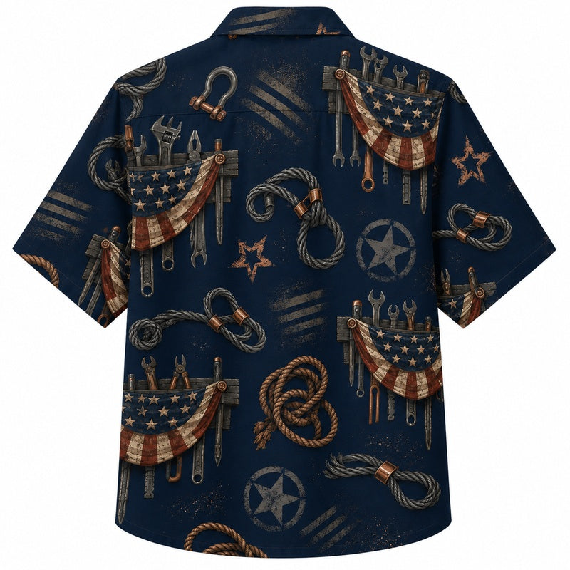 Labor Day Hawaiian Shirt with Flag Rope Wrench Print for Men and Women